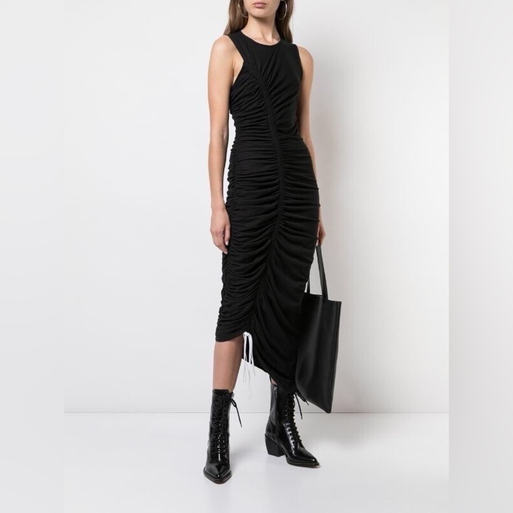 Cinq a Sept Cora black asymmetrical ruched midi dress size small 100% Cotton